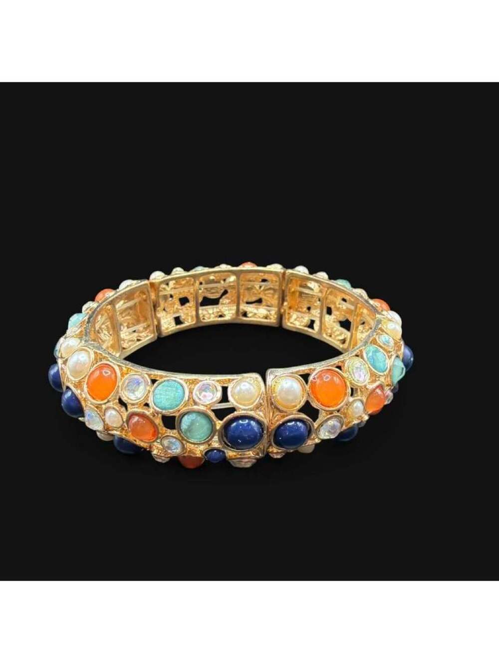 Vintage Style Gold Tone Colorful Cabochon Hinged Bangle Bracelet